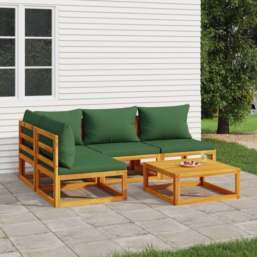 5 Piece Garden Lounge Set with Green Cushions Solid Wood