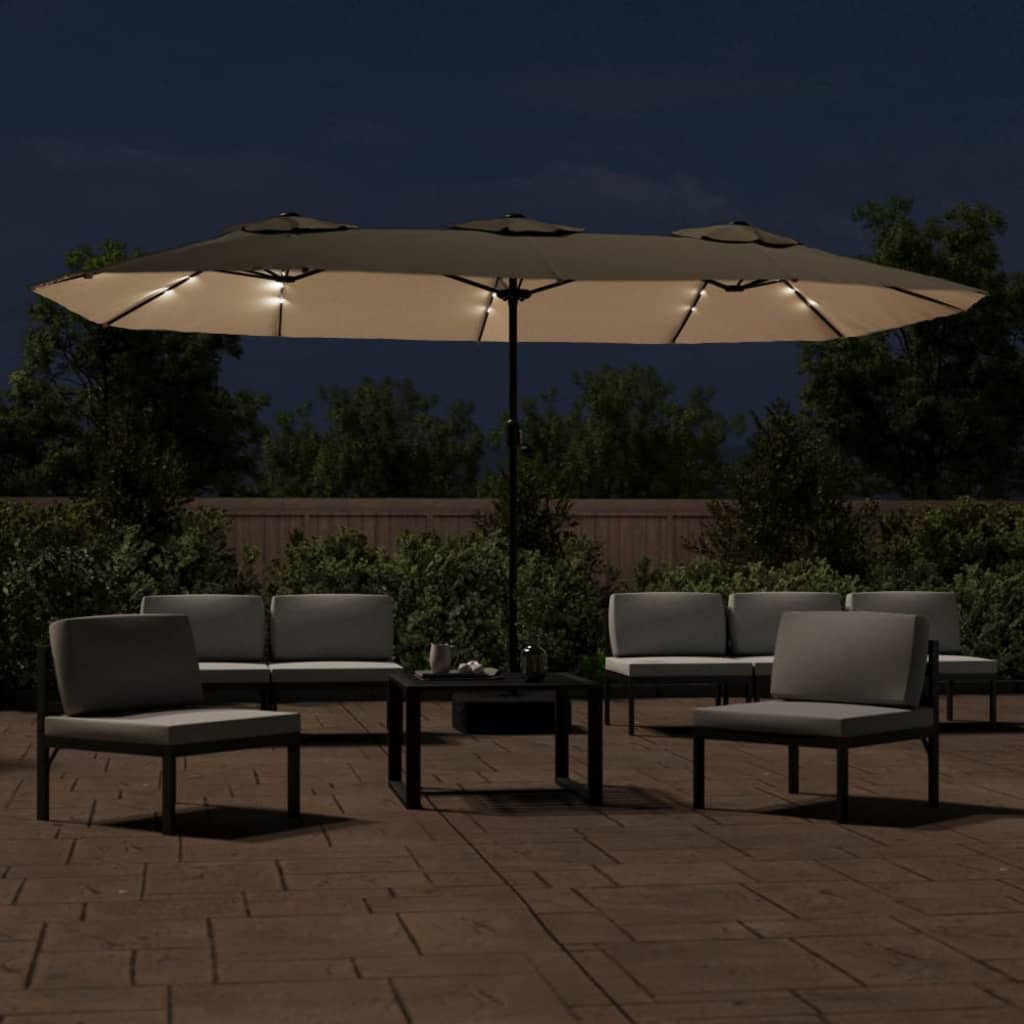 Double-Head Garden Parasol with LEDs Taupe 449x245 cm