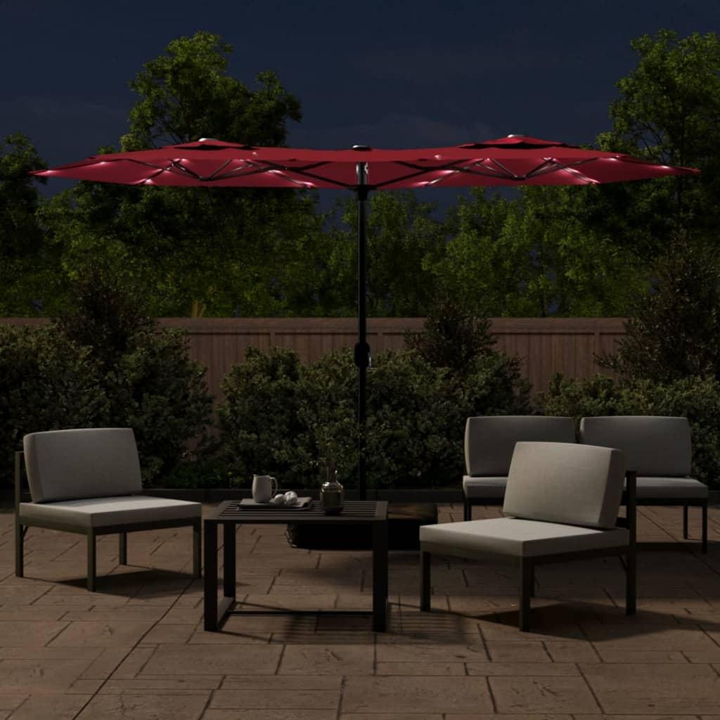 Double-Head Garden Parasol with LEDs Bordeaux Red 316x240 cm