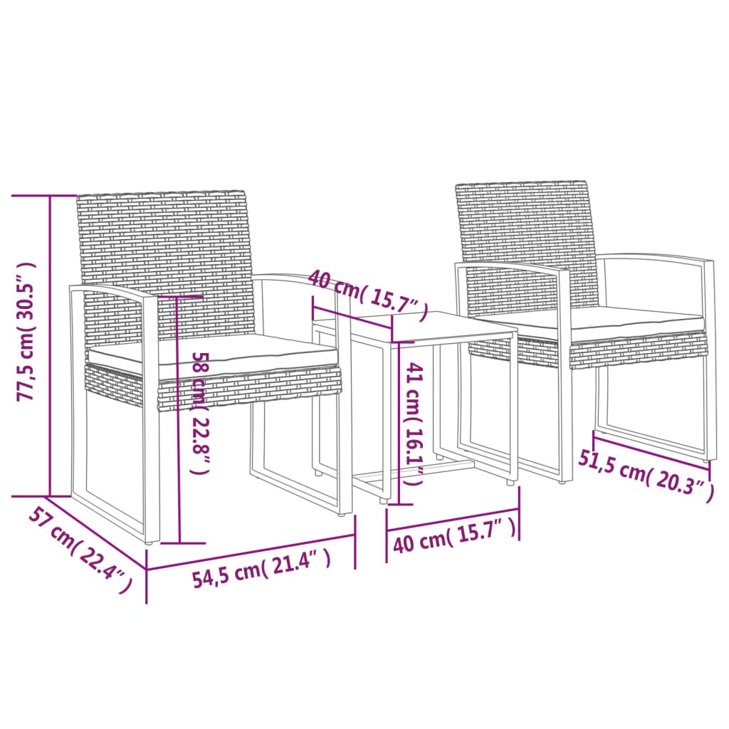 3 piece Garden Dining Set with Cushions Dark Grey PP Rattan