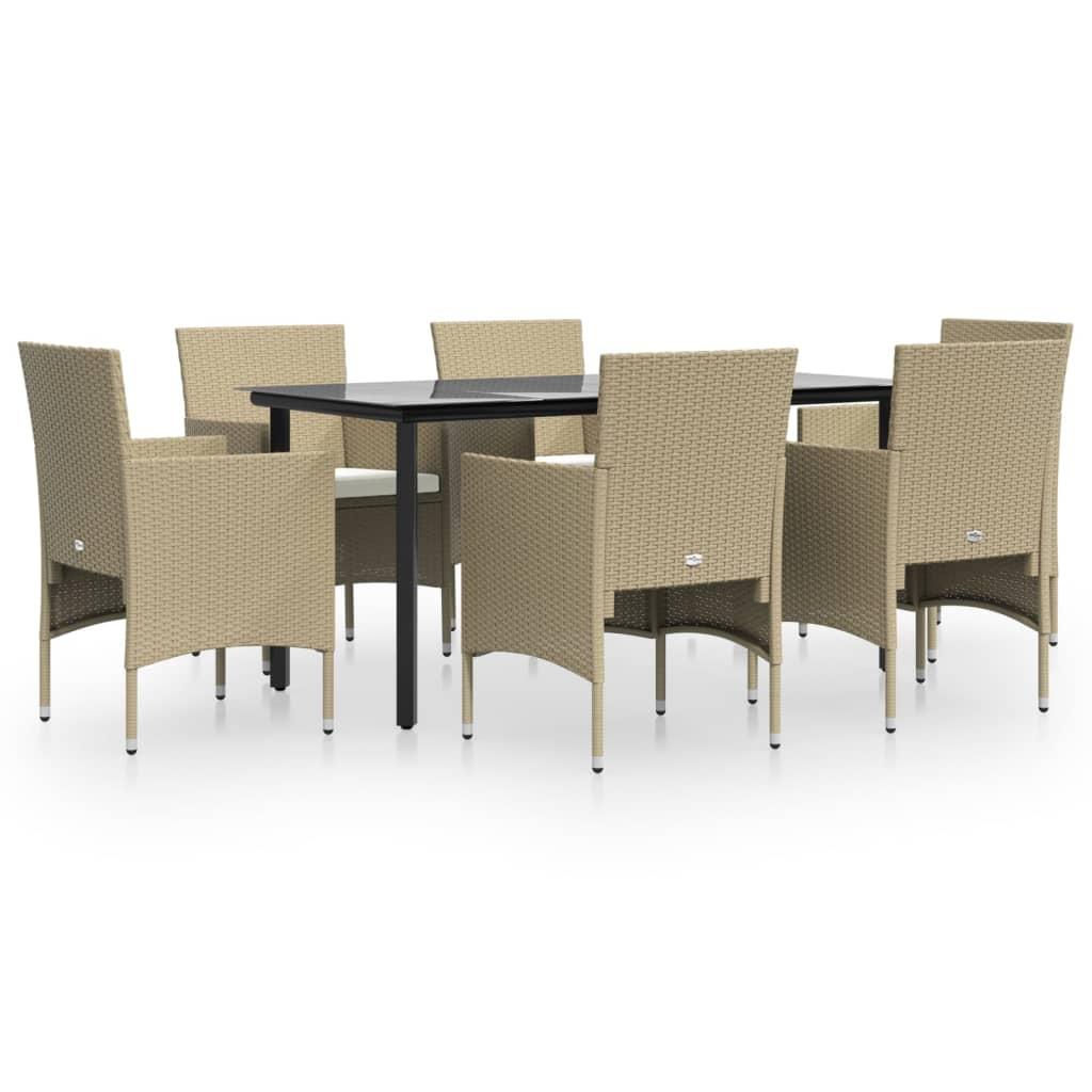 7 Piece Garden Dining Set with Cushions Beige and Black