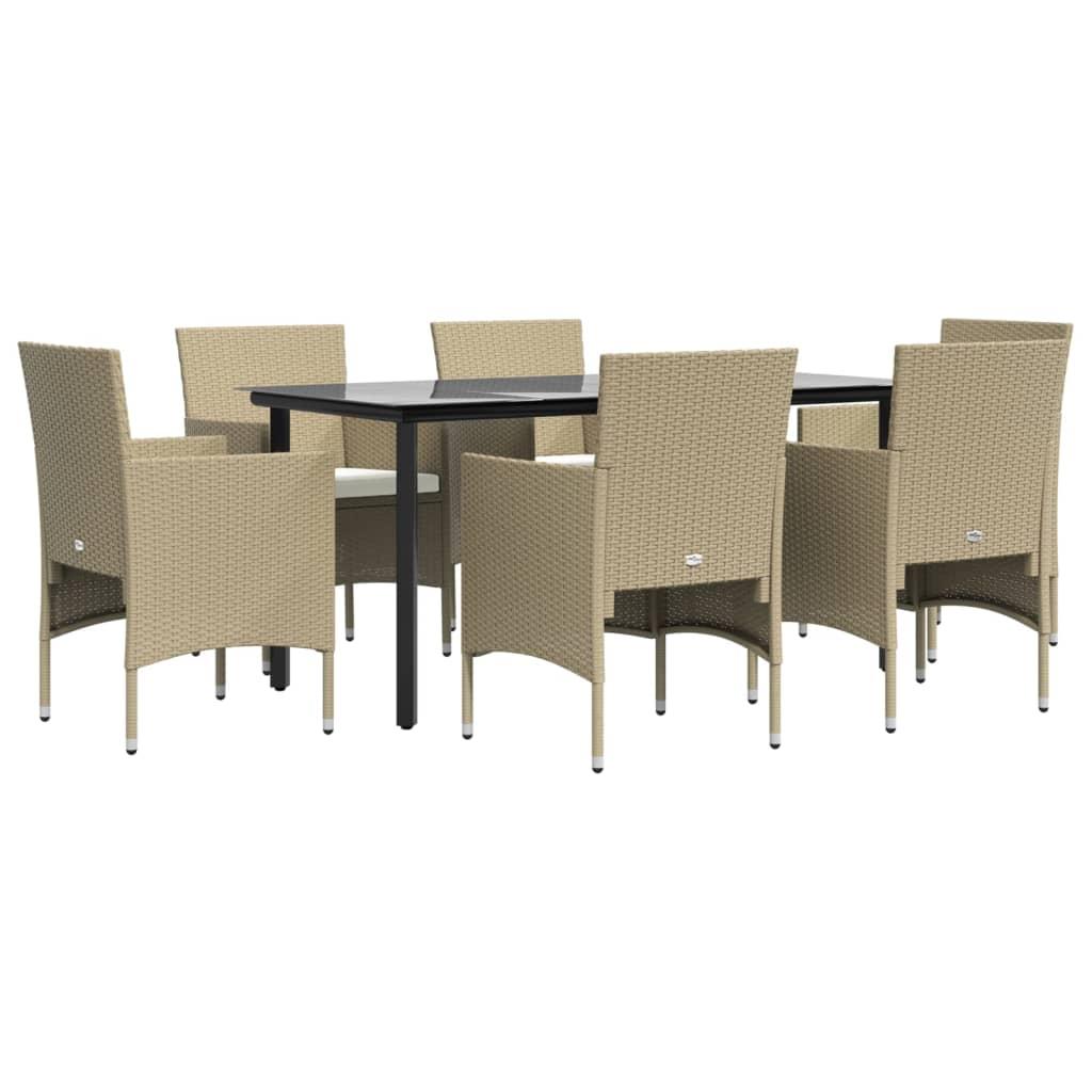 7 Piece Garden Dining Set with Cushions Beige and Black