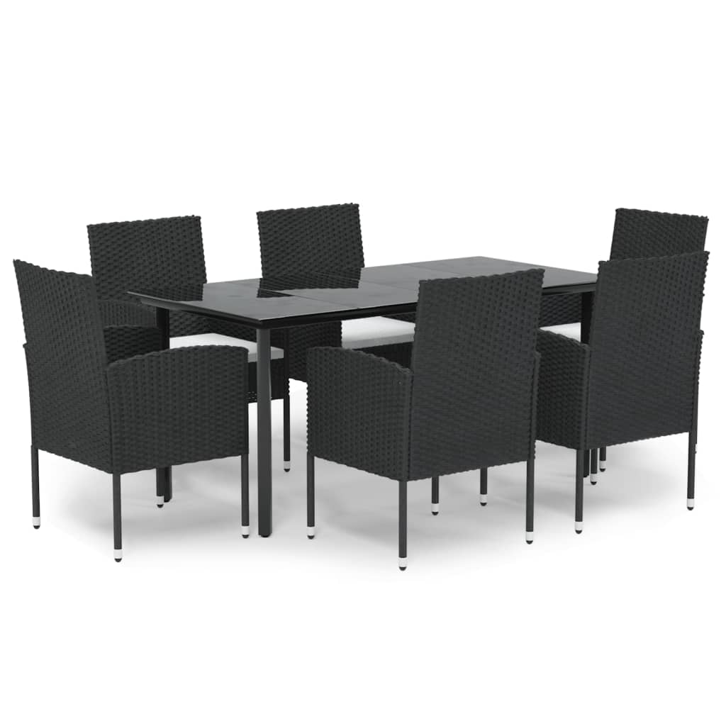 7 Piece Garden Dining Set with Cushions Black Poly Rattan