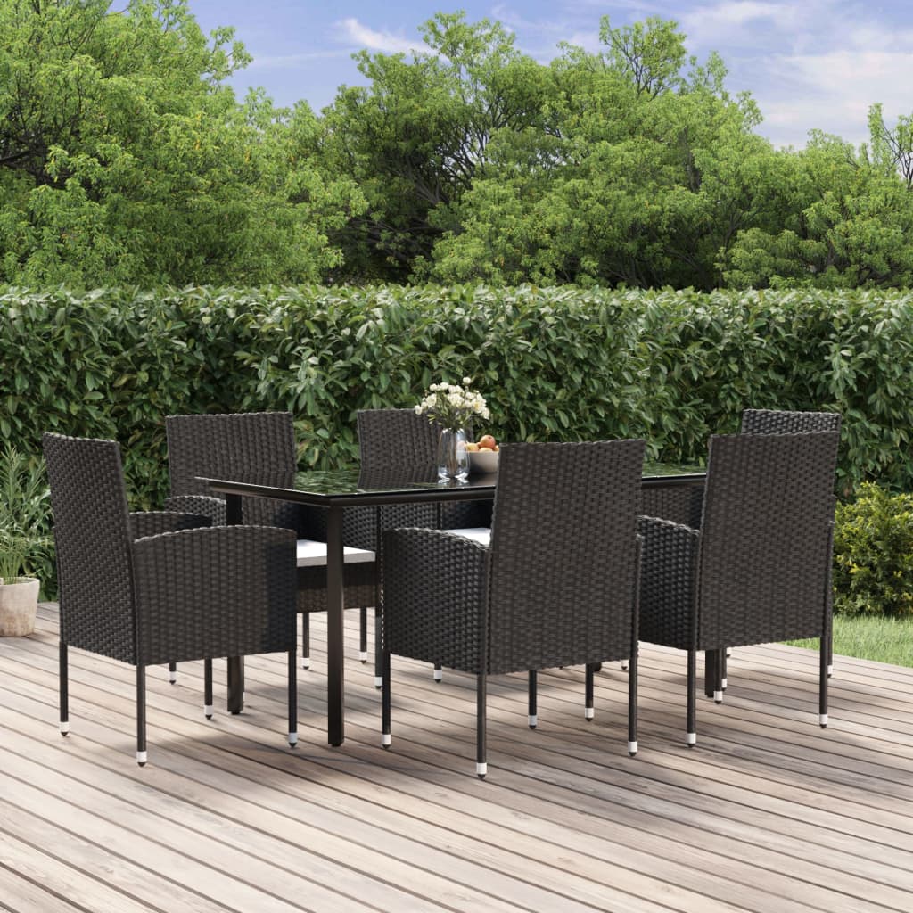 7 Piece Garden Dining Set with Cushions Black Poly Rattan