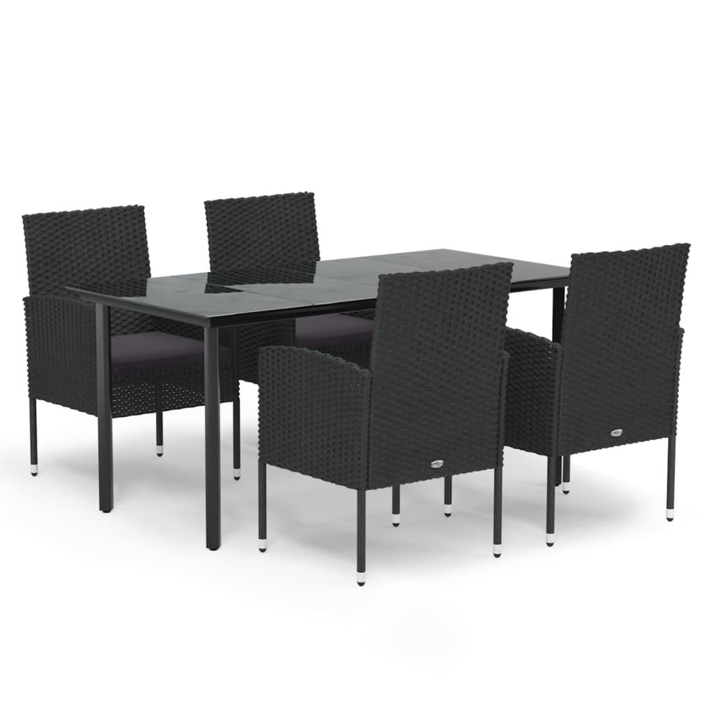 5 Piece Garden Dining Set with Cushions Black Poly Rattan