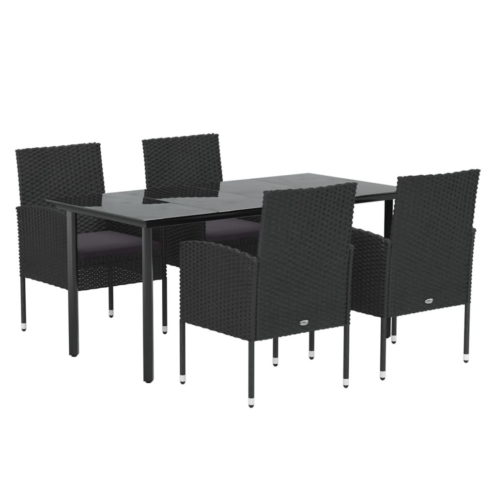 5 Piece Garden Dining Set with Cushions Black Poly Rattan
