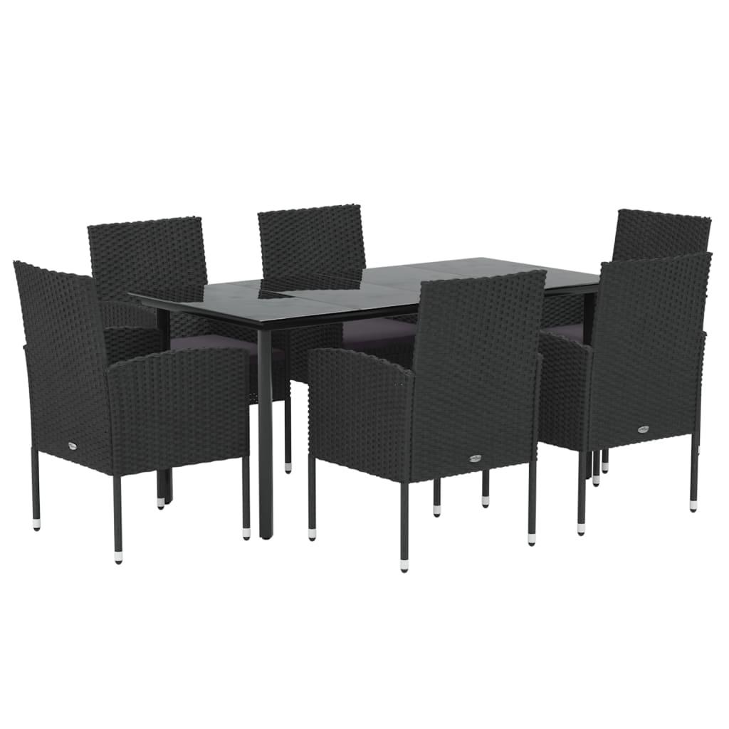 7 Piece Garden Dining Set with Cushions Black Poly Rattan