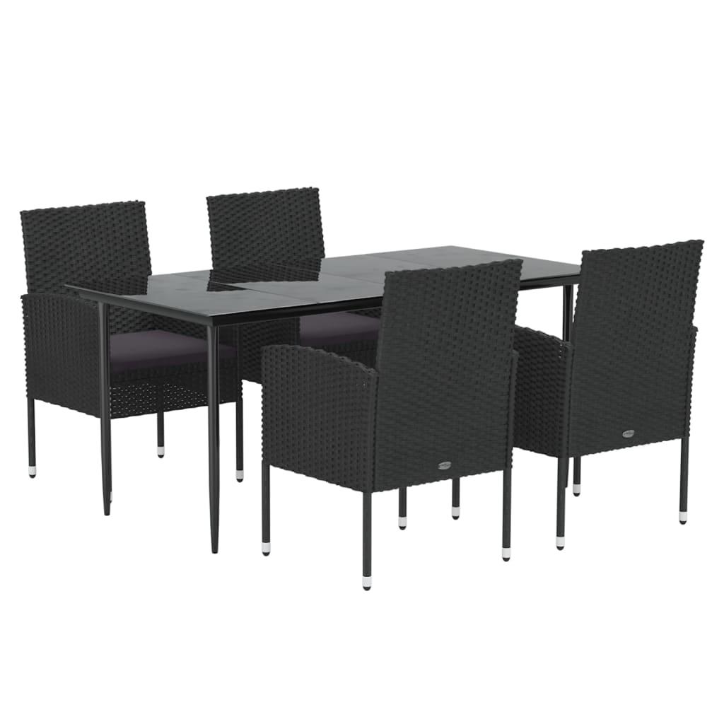 5 Piece Garden Dining Set with Cushions Black Poly Rattan