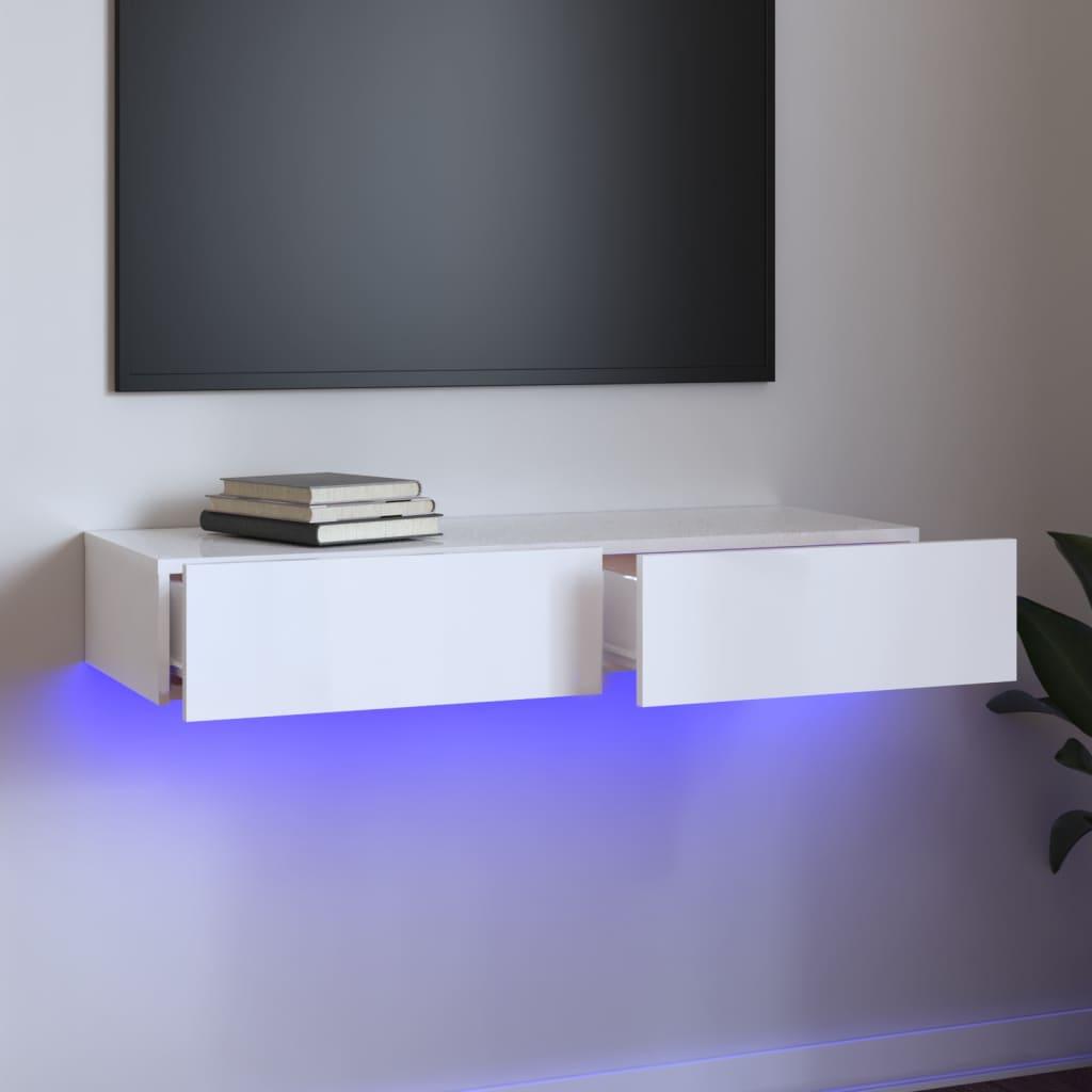 TV Cabinet with LED Lights High Gloss White 90x35x15.5 cm