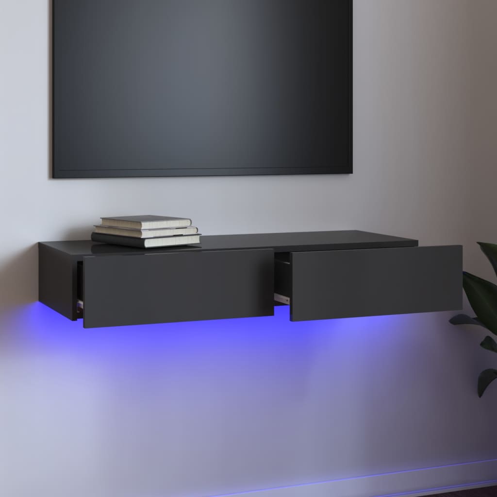 TV Cabinet with LED Lights High Gloss Grey 90x35x15.5 cm