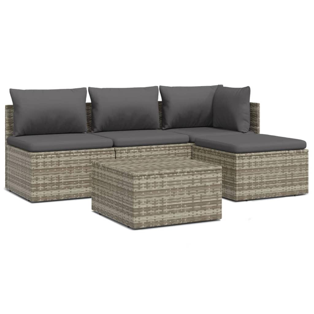 5 Piece Garden Lounge Set with Cushions Grey Poly Rattan
