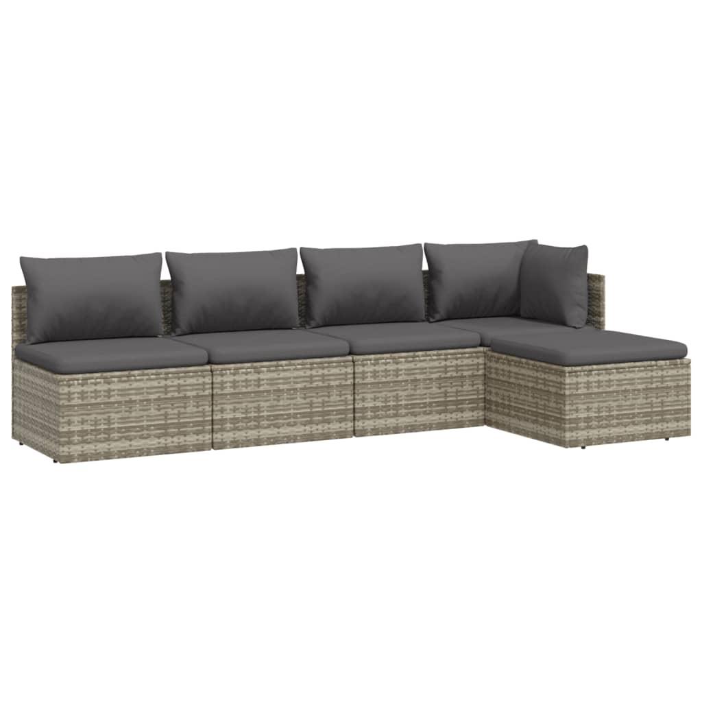 5 Piece Garden Lounge Set with Cushions Grey Poly Rattan