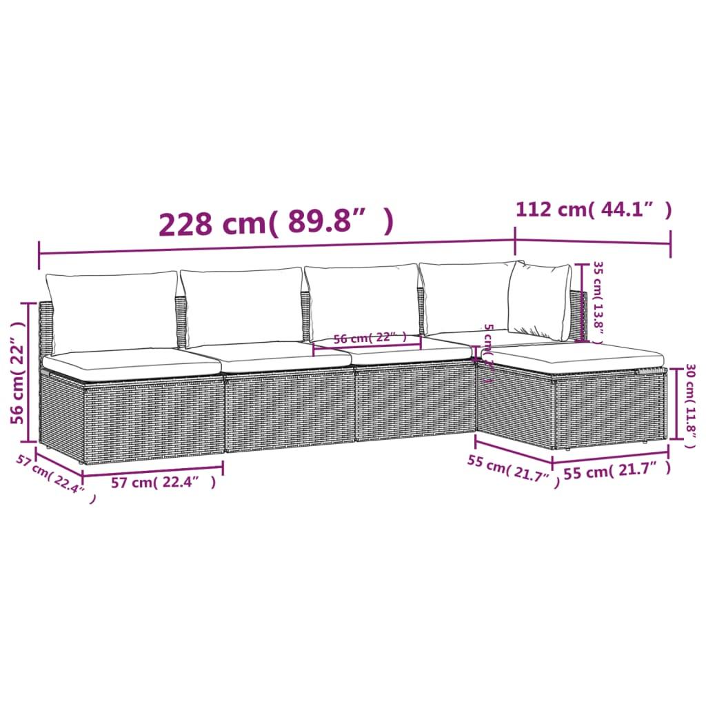 5 Piece Garden Lounge Set with Cushions Grey Poly Rattan