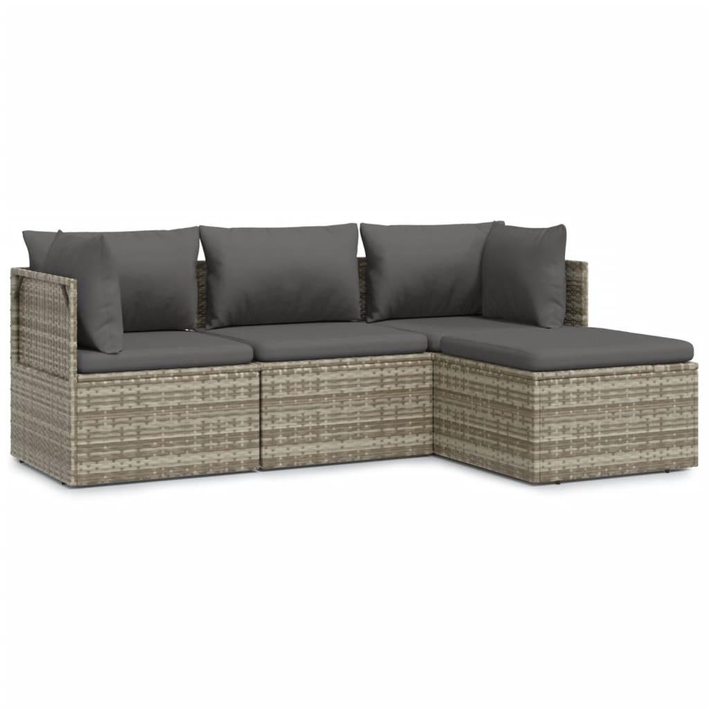 4 Piece Garden Lounge Set with Cushions Grey Poly Rattan