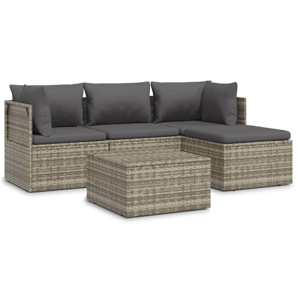 5 Piece Garden Lounge Set with Cushions Grey Poly Rattan