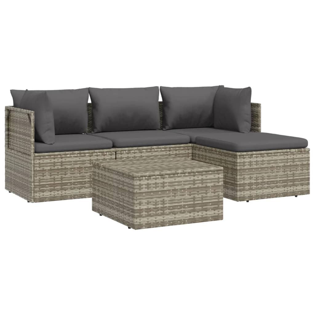 5 Piece Garden Lounge Set with Cushions Grey Poly Rattan