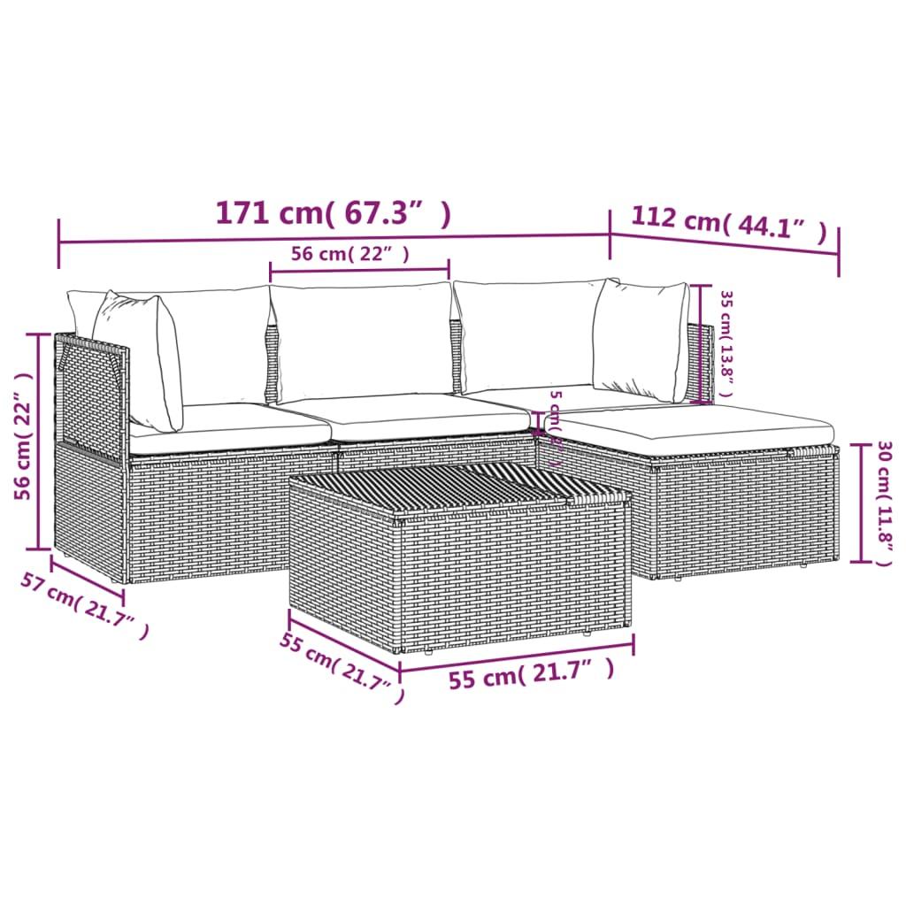 5 Piece Garden Lounge Set with Cushions Grey Poly Rattan