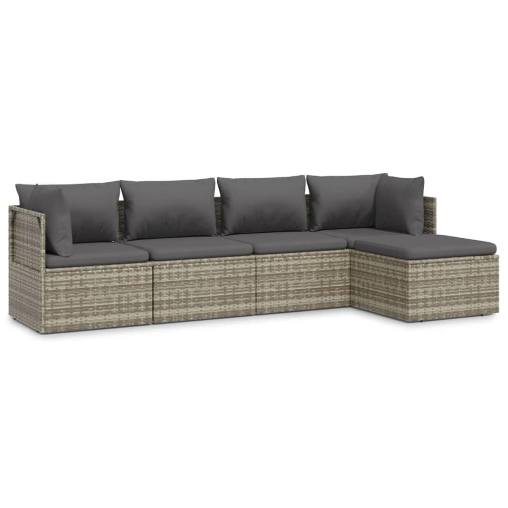 5 Piece Garden Lounge Set with Cushions Grey Poly Rattan