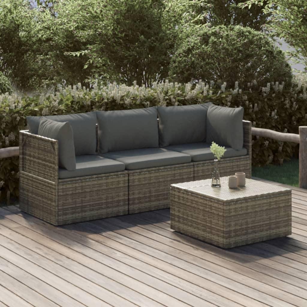 4 Piece Garden Lounge Set with Cushions Grey Poly Rattan