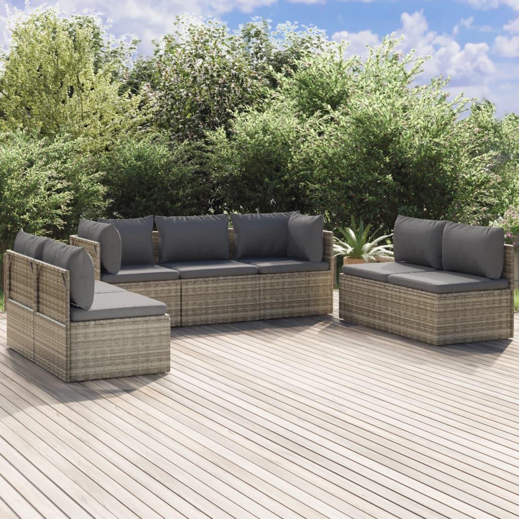 7 Piece Garden Lounge Set with Cushions Grey Poly Rattan