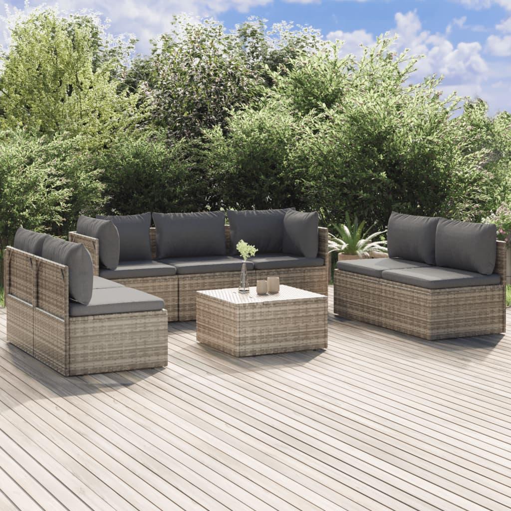 8 Piece Garden Lounge Set with Cushions Grey Poly Rattan