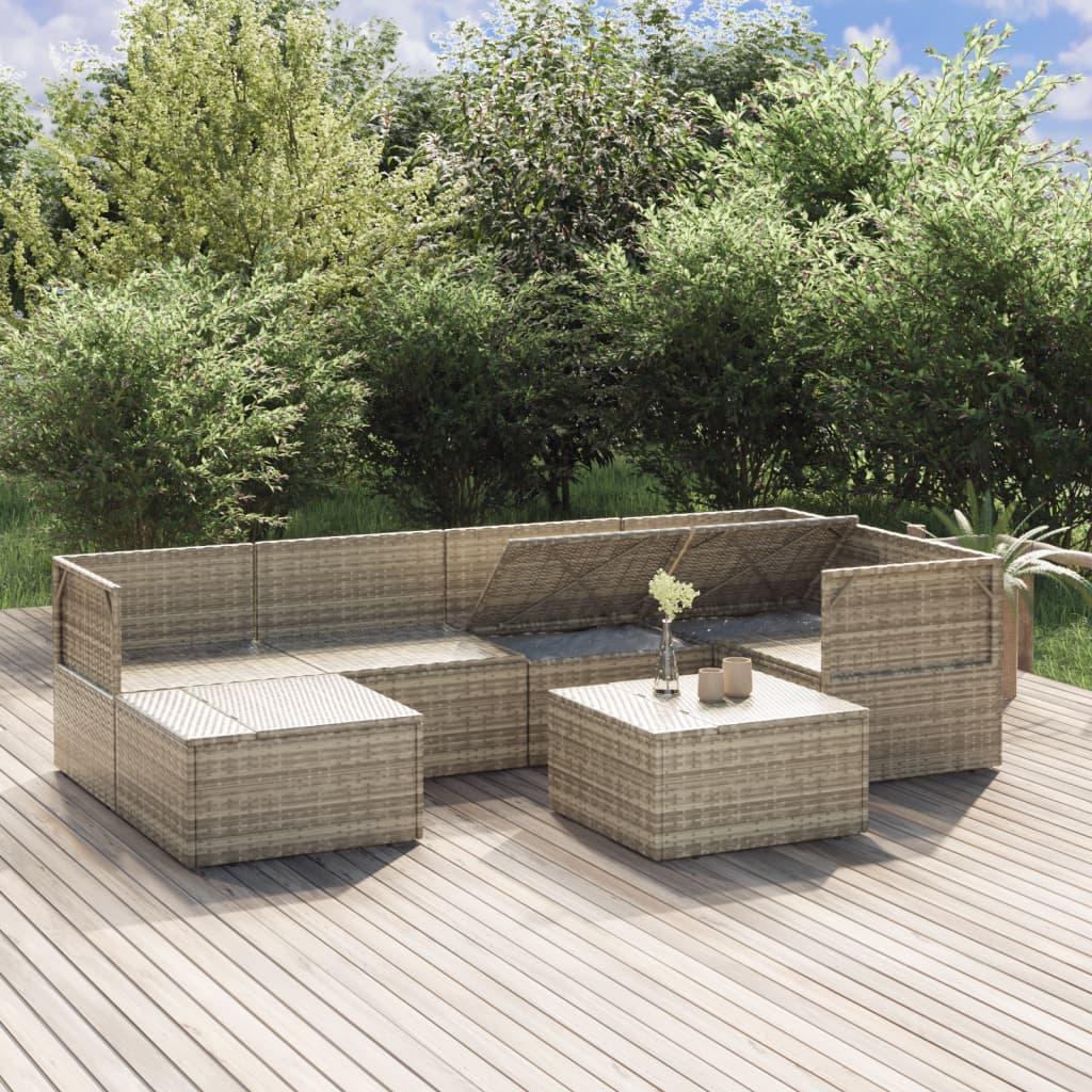 7 Piece Garden Lounge Set with Cushions Grey Poly Rattan