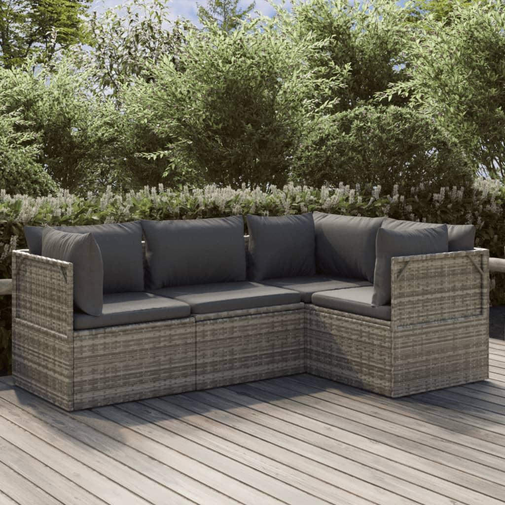 4 Piece Garden Lounge Set with Cushions Grey Poly Rattan