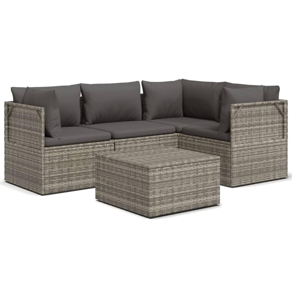 5 Piece Garden Lounge Set with Cushions Grey Poly Rattan