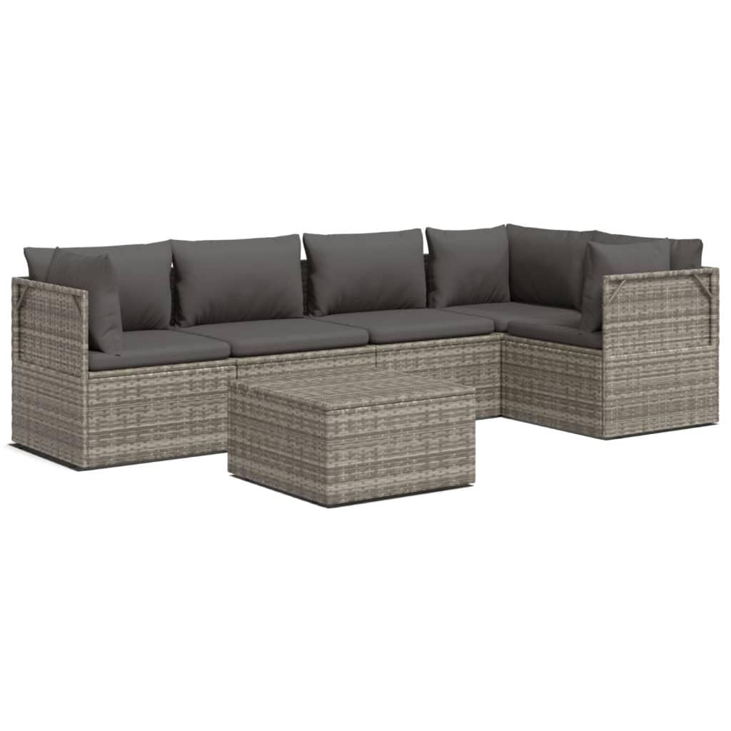 6 Piece Garden Lounge Set with Cushions Grey Poly Rattan