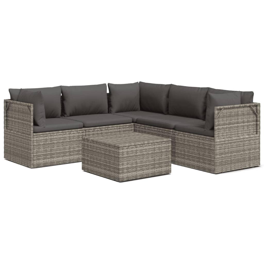6 Piece Garden Lounge Set with Cushions Grey Poly Rattan