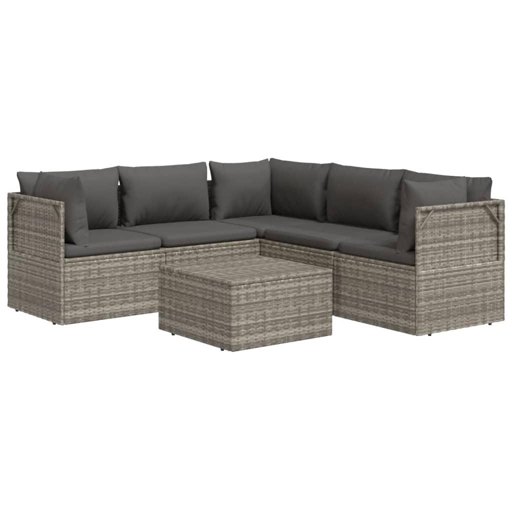 6 Piece Garden Lounge Set with Cushions Grey Poly Rattan
