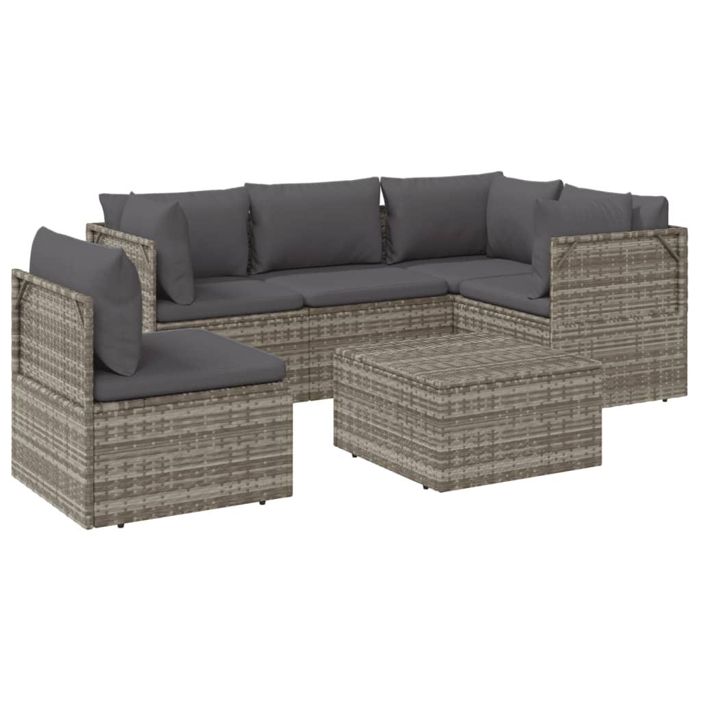 6 Piece Garden Lounge Set with Cushions Grey Poly Rattan