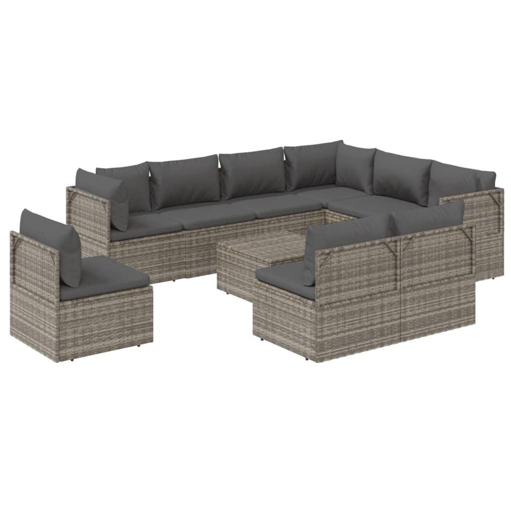 10 Piece Garden Lounge Set with Cushions Grey Poly Rattan