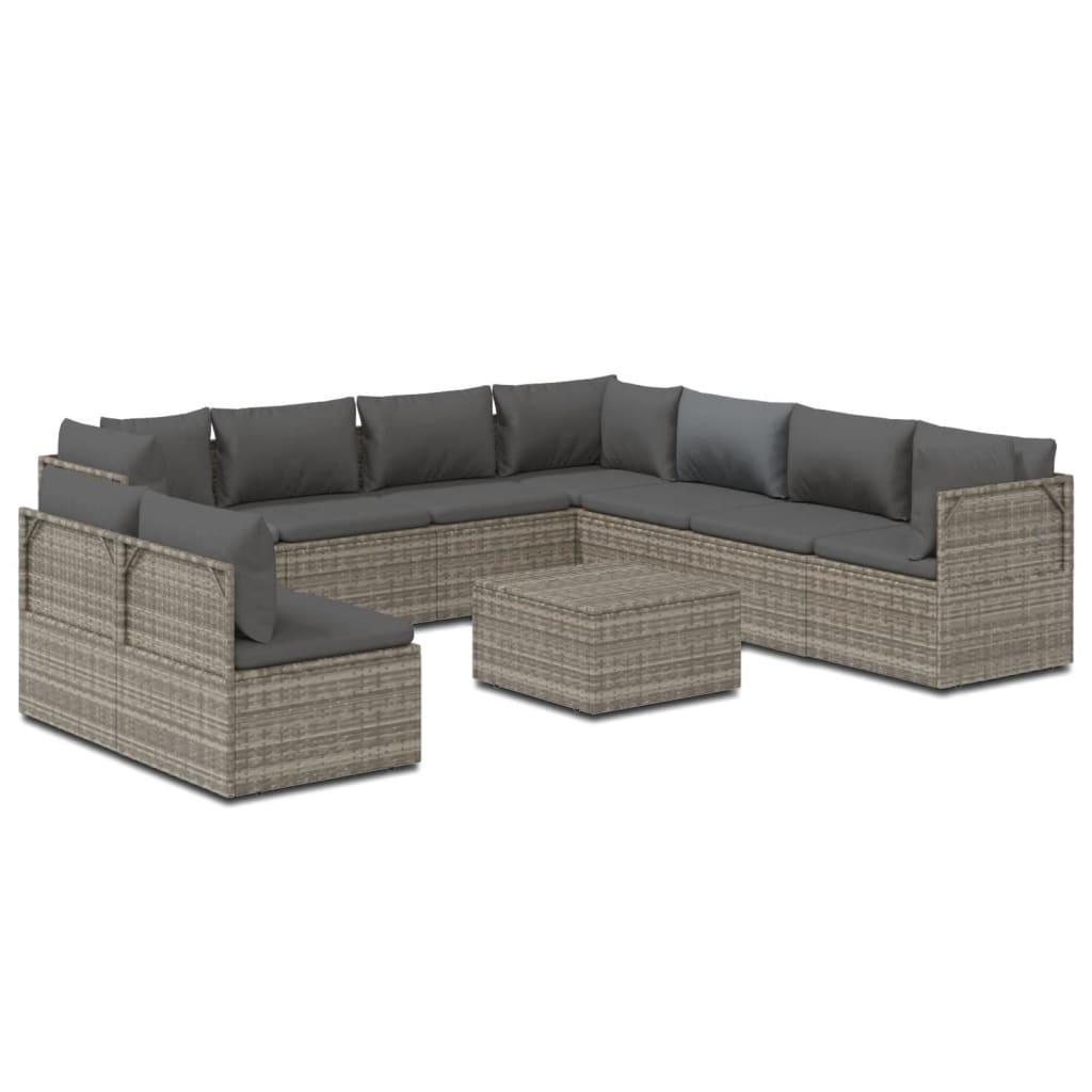 10 Piece Garden Lounge Set with Cushions Grey Poly Rattan