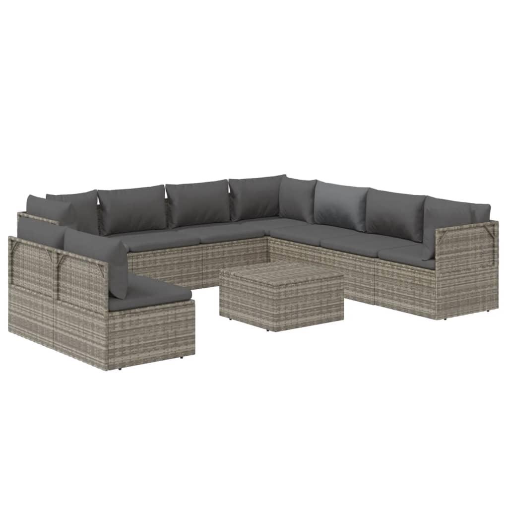 10 Piece Garden Lounge Set with Cushions Grey Poly Rattan