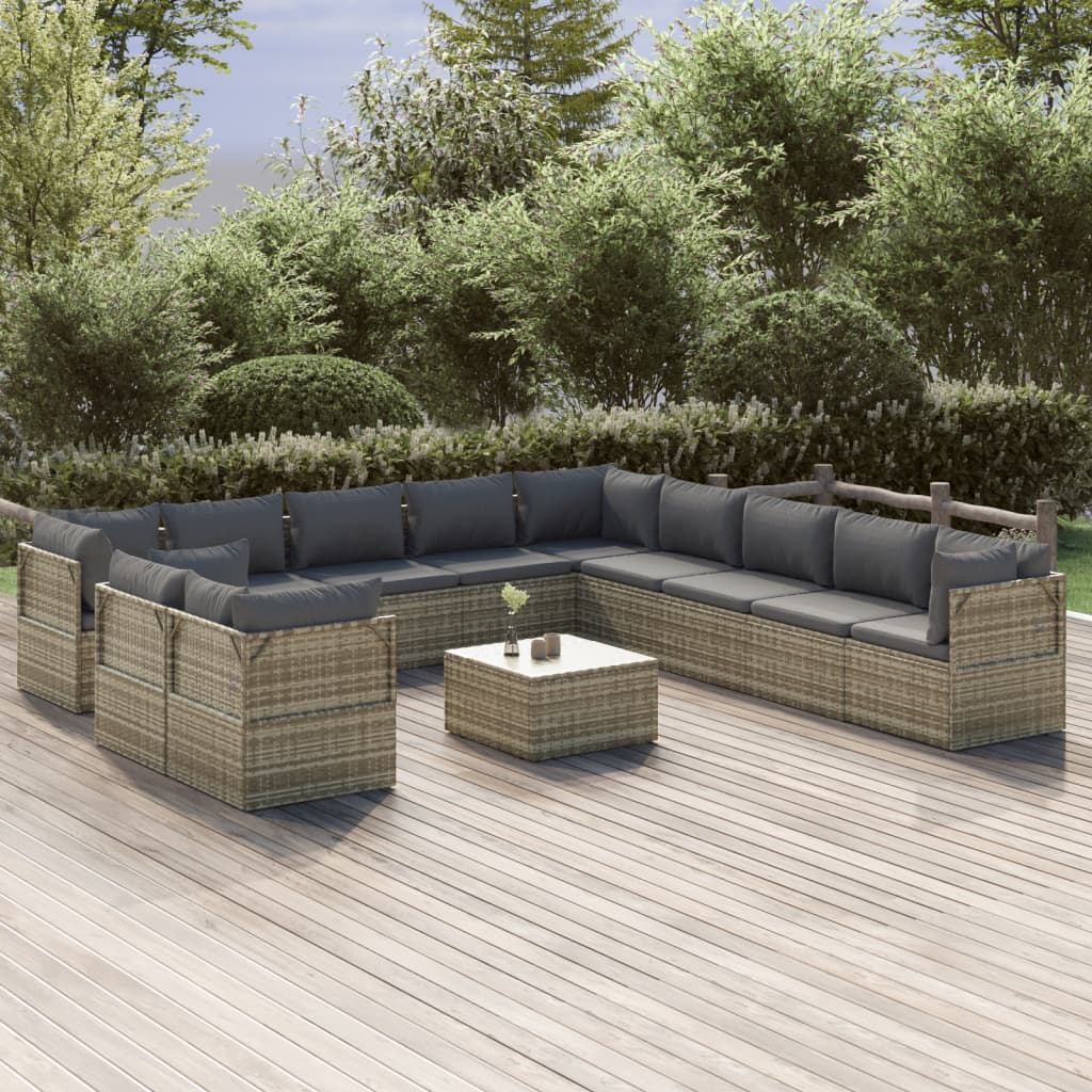 12 Piece Garden Lounge Set with Cushions Grey Poly Rattan