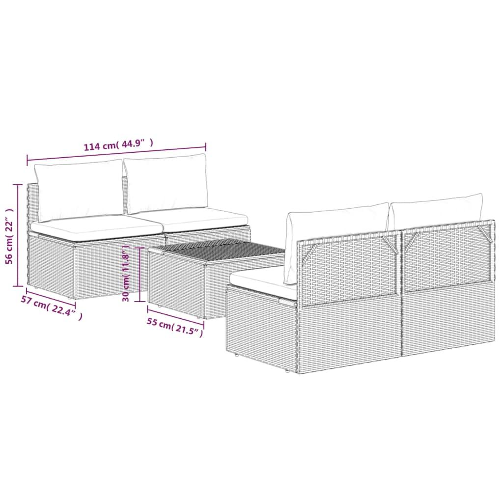 5 Piece Garden Lounge Set with Cushions Grey Poly Rattan