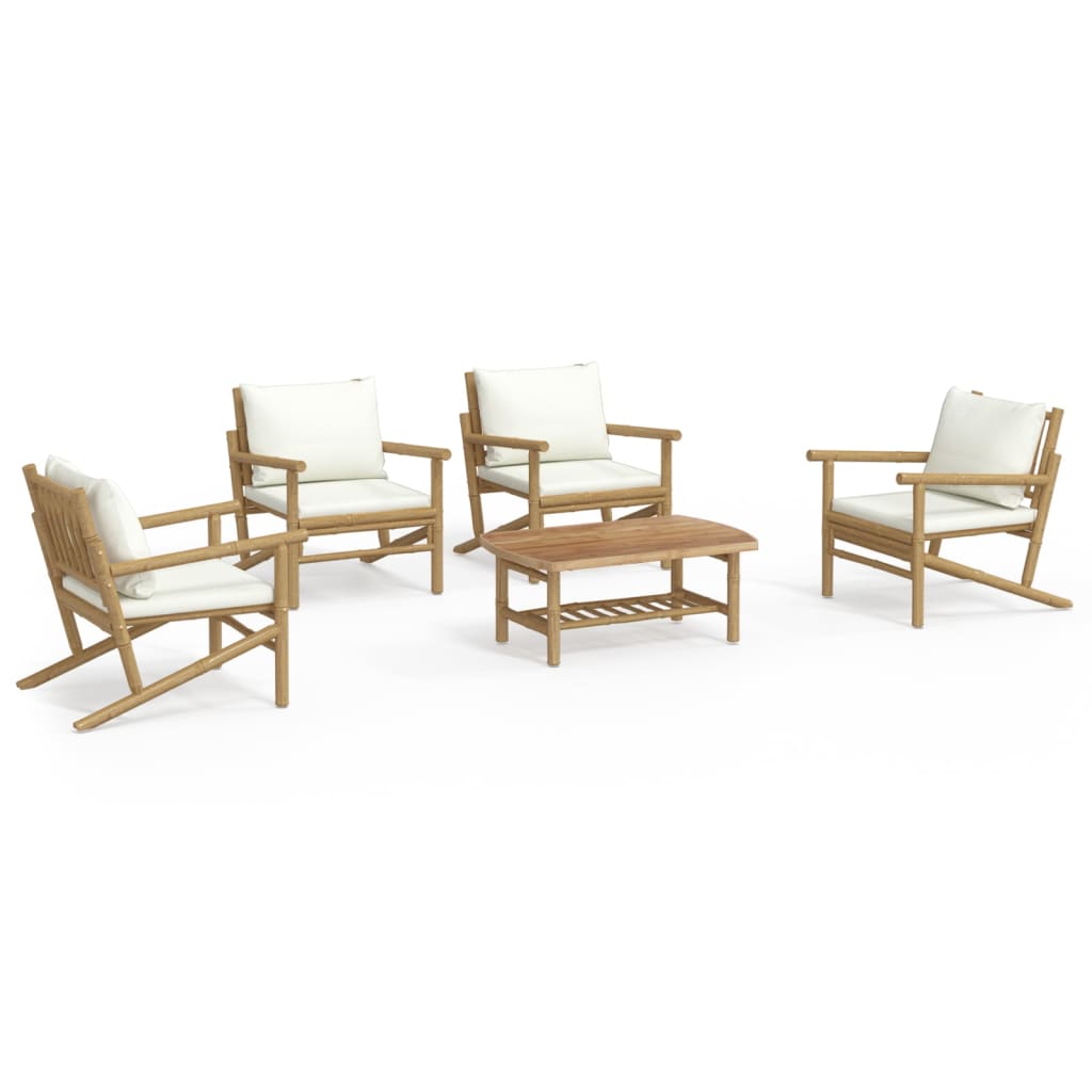 5 Piece Garden Lounge Set with Cream White Cushions Bamboo