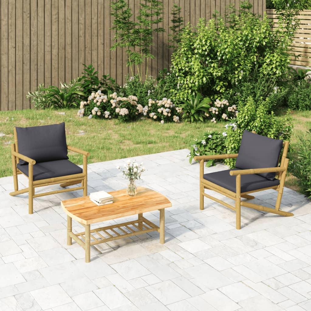 3 Piece Garden Lounge Set with Dark Grey Cushions Bamboo