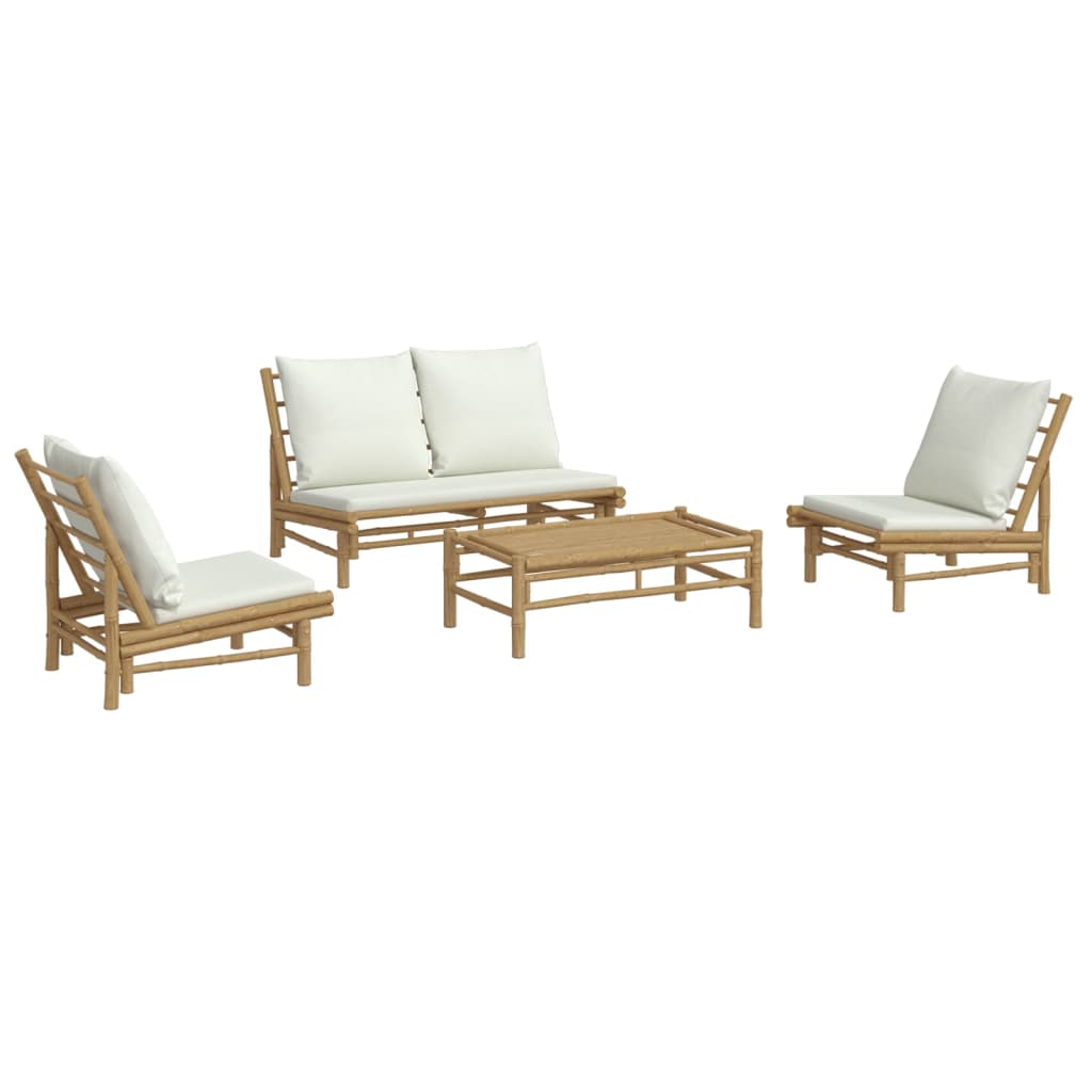 4 Piece Garden Lounge Set with Cream White Cushions Bamboo