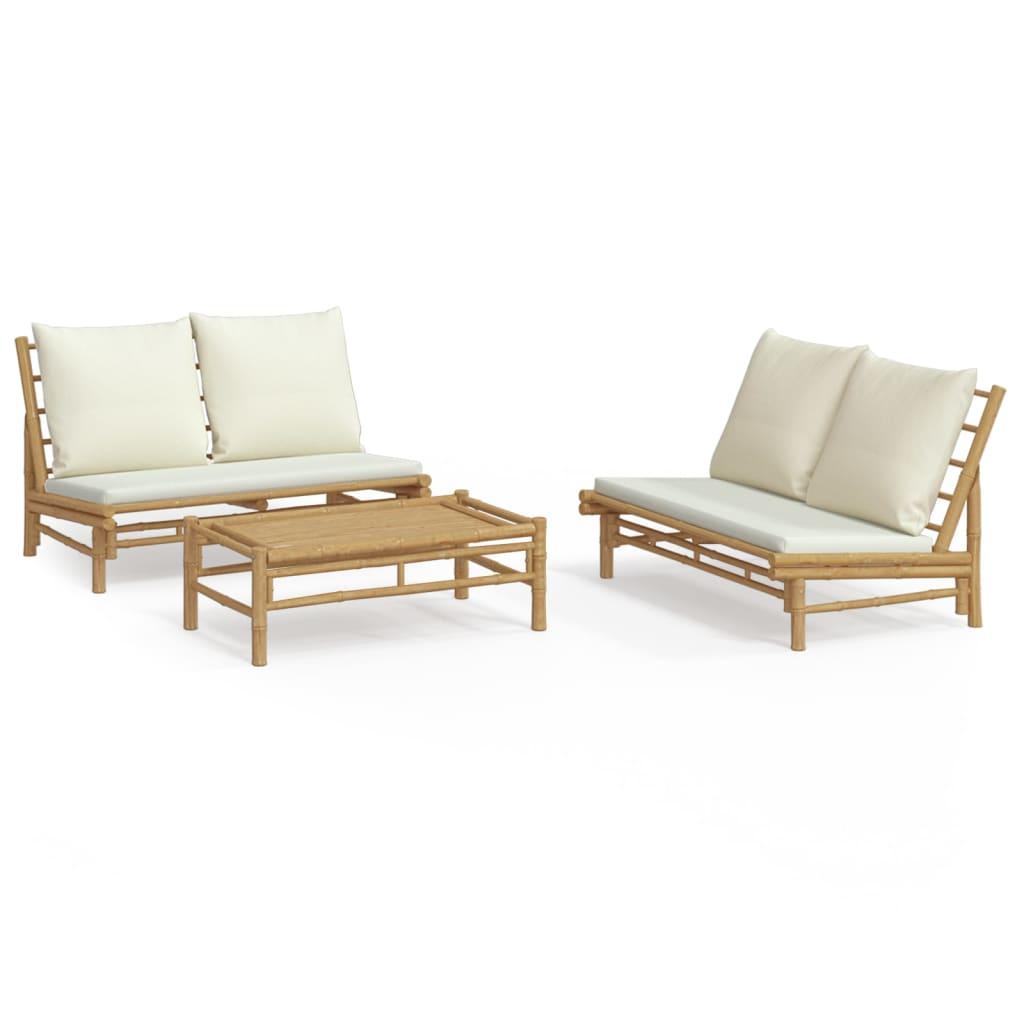 3 Piece Garden Lounge Set with Cream White Cushions Bamboo