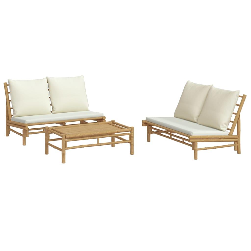 3 Piece Garden Lounge Set with Cream White Cushions Bamboo