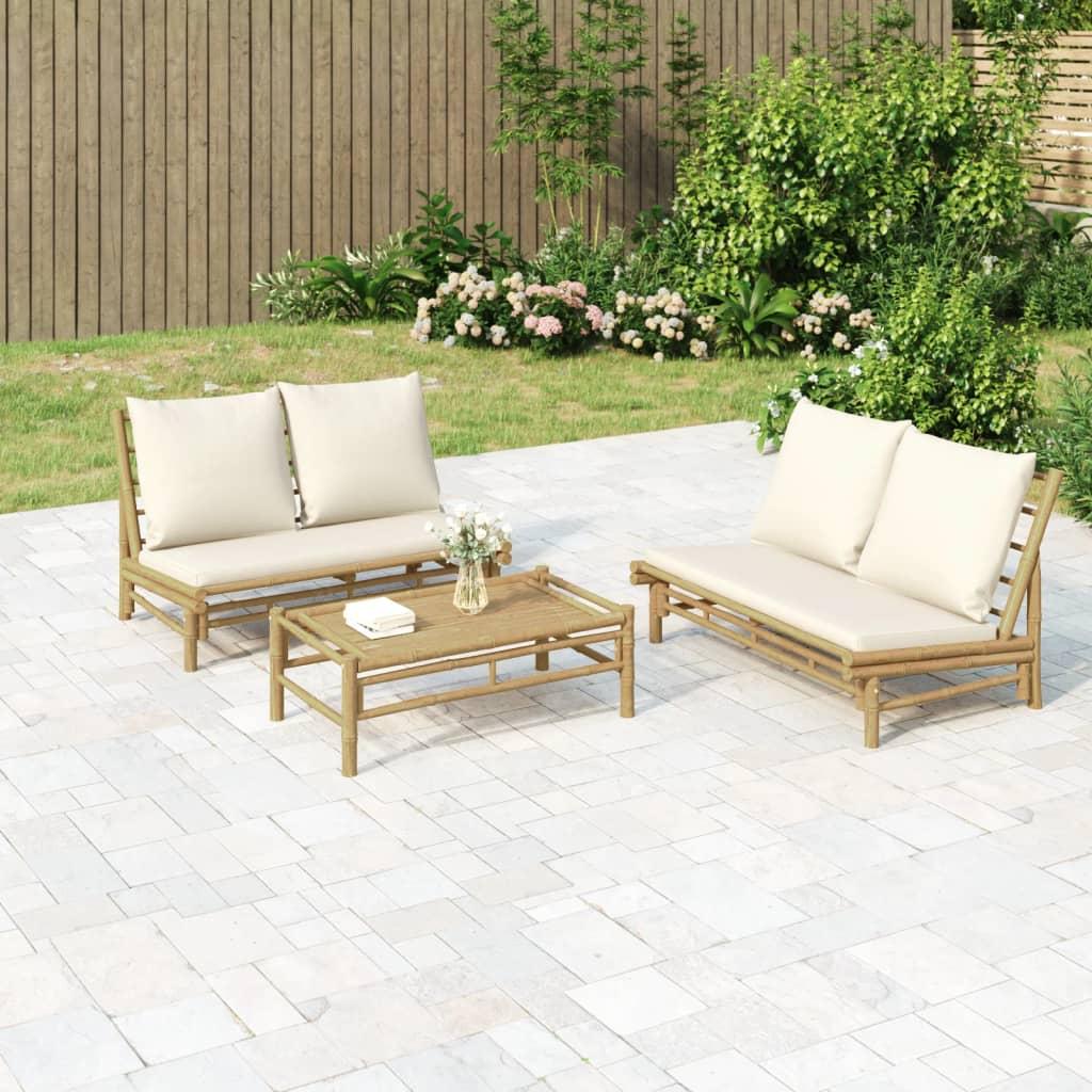 3 Piece Garden Lounge Set with Cream White Cushions Bamboo