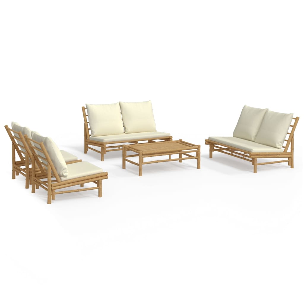 5 Piece Garden Lounge Set with Cream White Cushions Bamboo