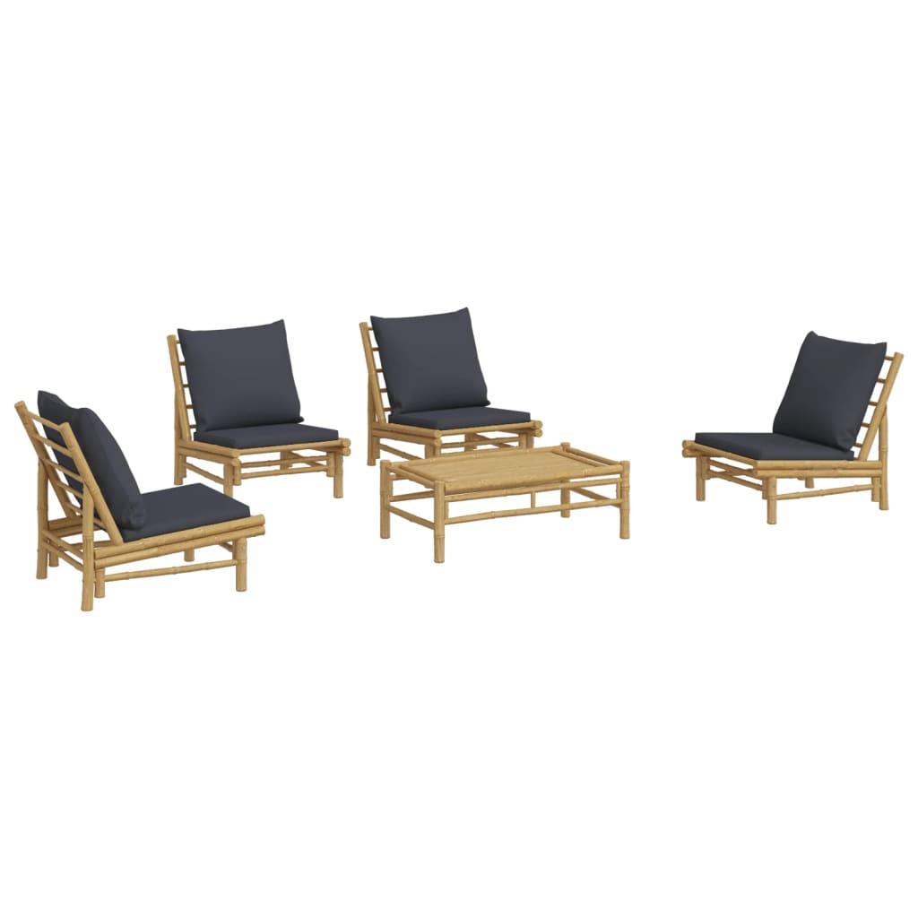 5 Piece Garden Lounge Set with Dark Grey Cushions Bamboo