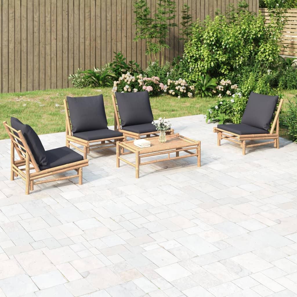 5 Piece Garden Lounge Set with Dark Grey Cushions Bamboo