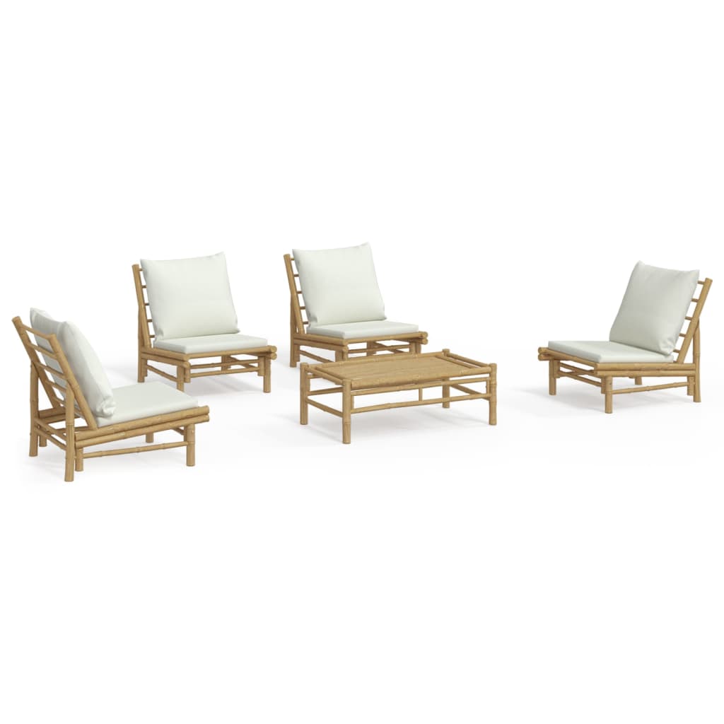 5 Piece Garden Lounge Set with Cream White Cushions Bamboo