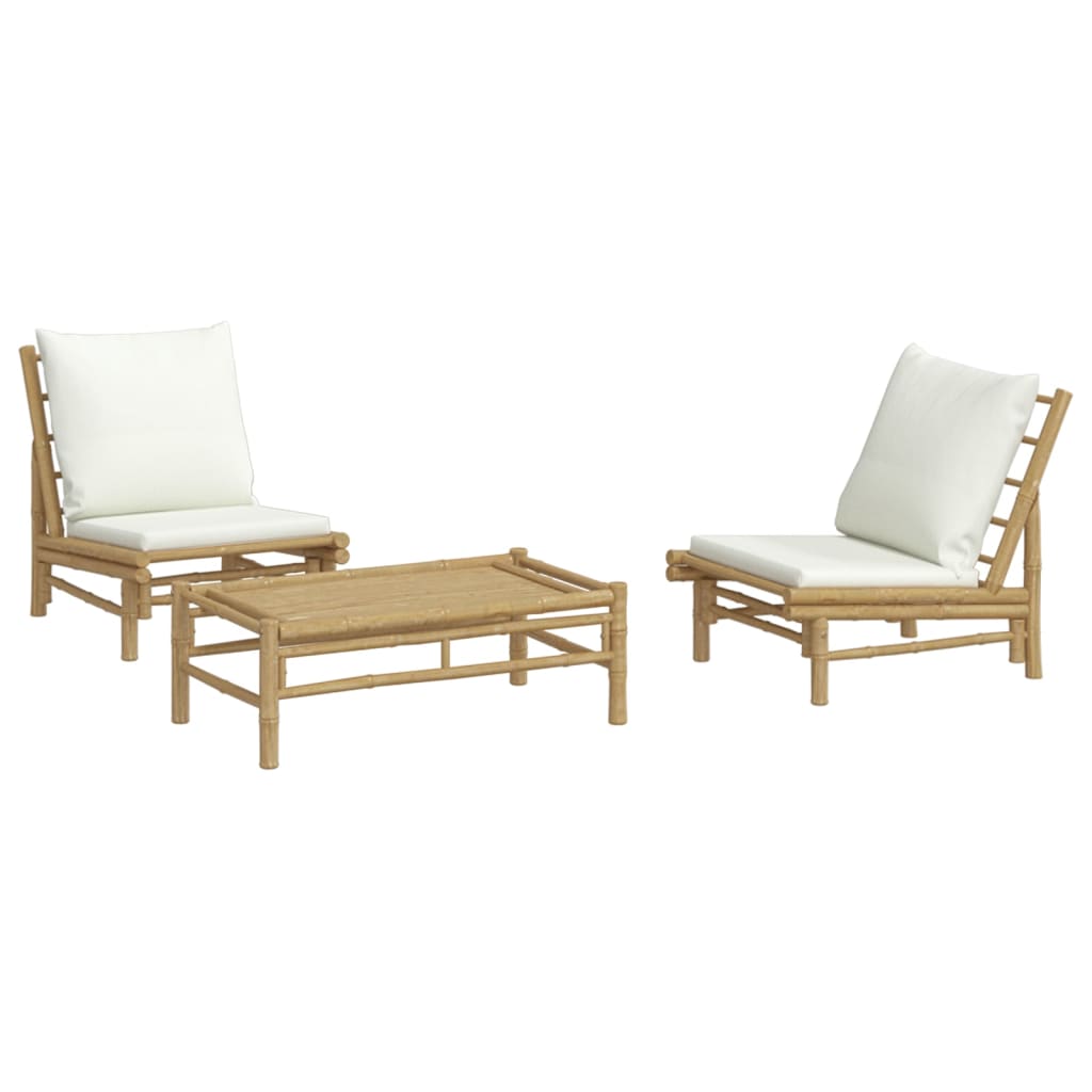 3 Piece Garden Lounge Set with Cream White Cushions Bamboo