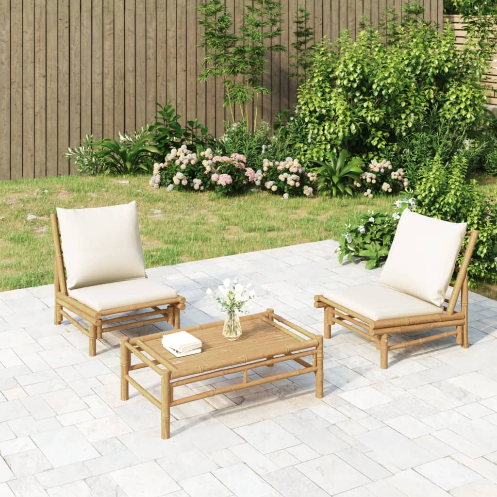 3 Piece Garden Lounge Set with Cream White Cushions Bamboo