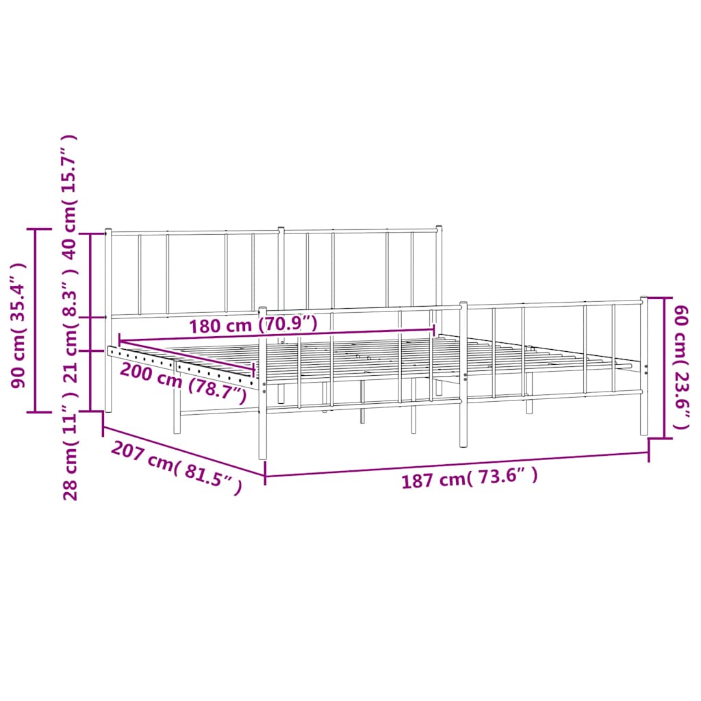 Metal Bed Frame without Mattress with Footboard White 183x203 cm King